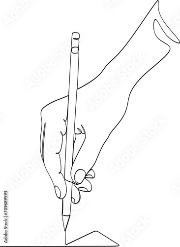 Continuous line drawing of a writing hand.