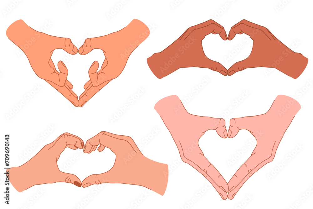 Fototapeta premium Set of hands in cartoon style. Human hands. Vector male and female hands showing heart signs. Love concept. Valentine's Day.