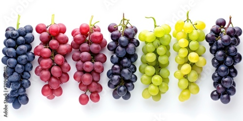 A row of different colored grapes on a white surface. Suitable for food and beverage-related designs
