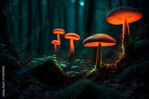 bioluminescent mushrooms growing in a dark forest. Orange neon glowing mushrooms - mysterious mushrooms. Beauty of nature.