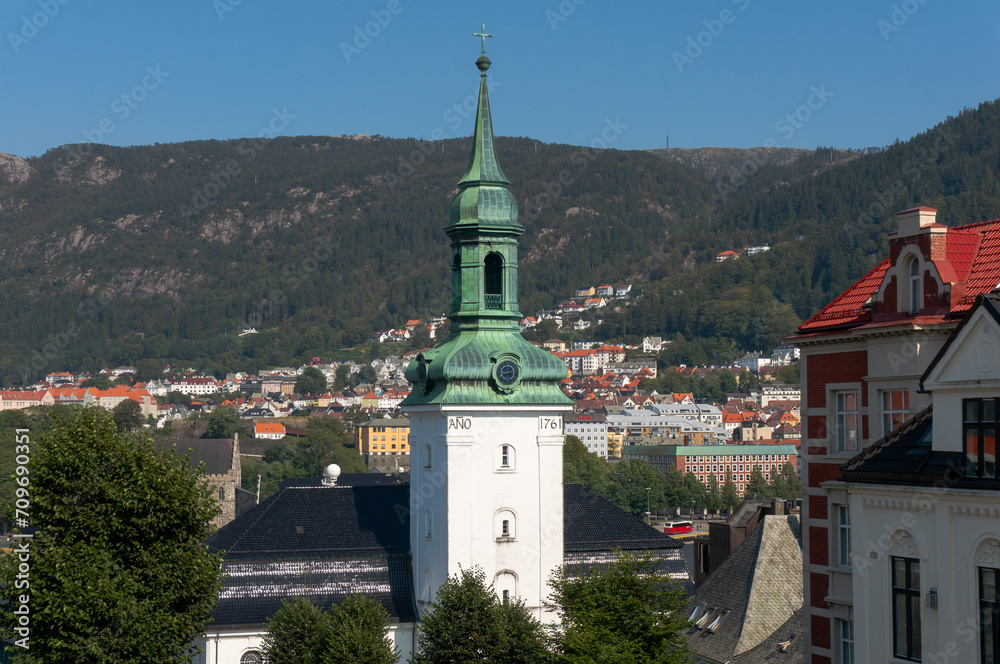 Tower of Nykirken (“New Church”). Bergen, Norway.