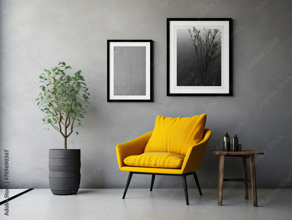 Living Room With Yellow Chair and Two Pictures on Wall Living Room With Yellow Chair and Two Pictures on Wall