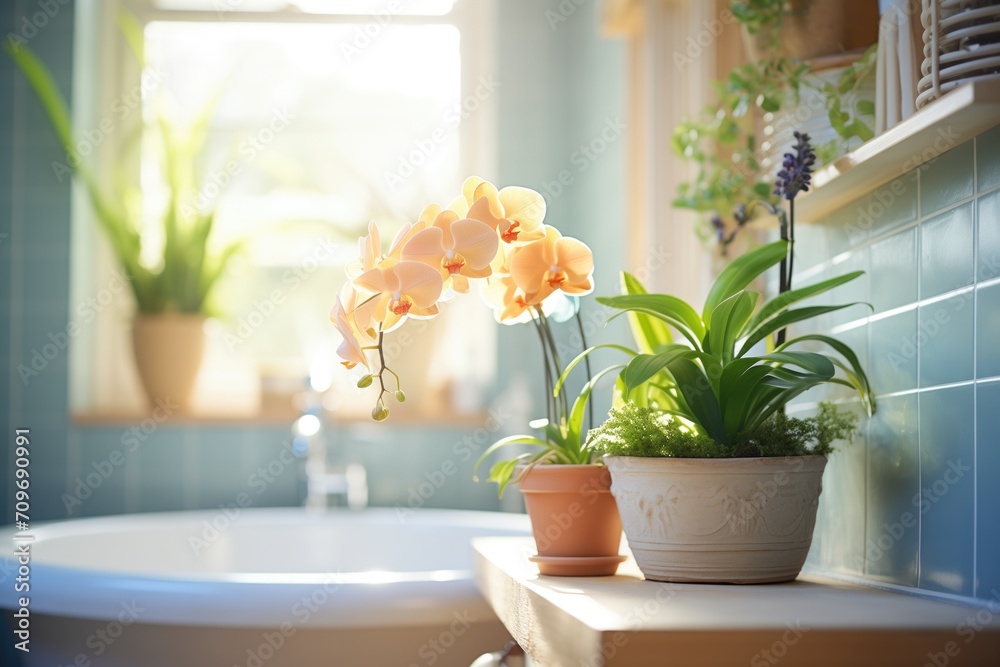 sunlit bathroom with potted ferns and orchids