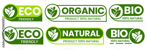 Set of eco friendly icons. Ecologic food stamps. Organic natural food labels.