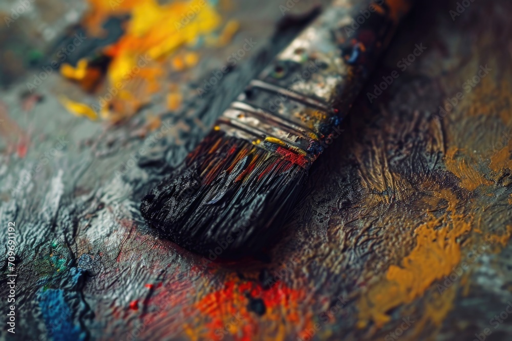 A detailed view of a paintbrush resting on a palette. Ideal for art-related projects and designs A detailed view of a paintbrush resting on a palette. Ideal for art-related projects and designs