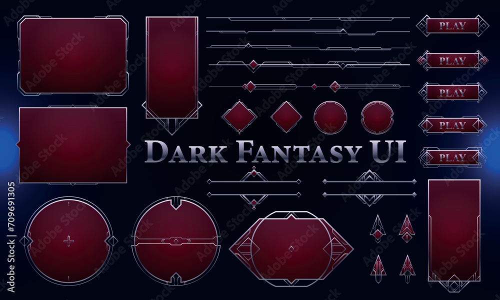 Set of Art Deco Modern User Interface Elements. Dark Fantasy magic HUD with rewards. Template for game interface. Vector Illustration EPS10