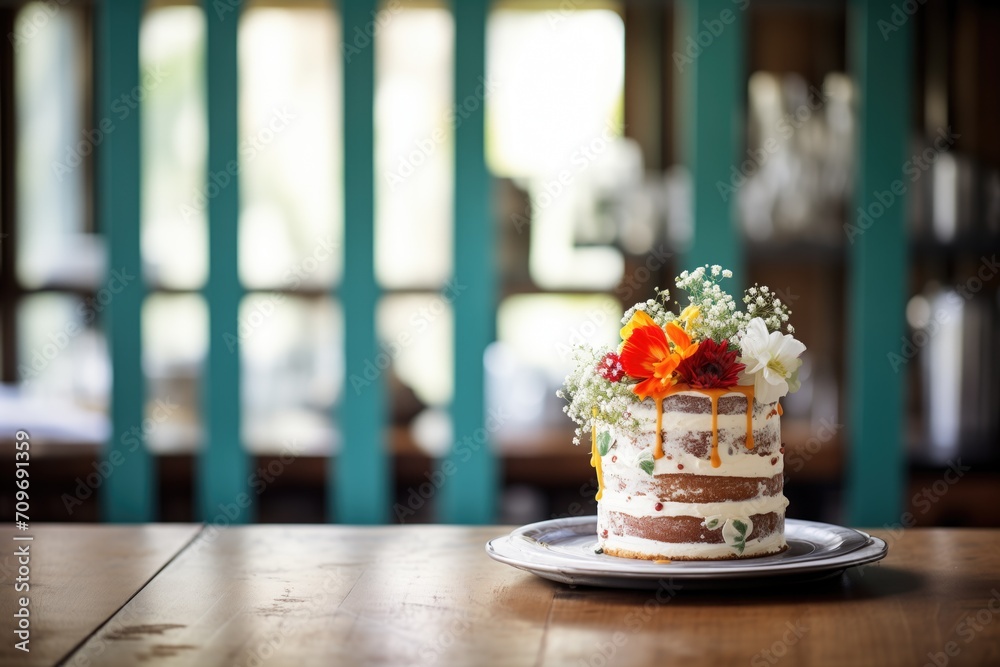 cake on rustic wood table, natural light