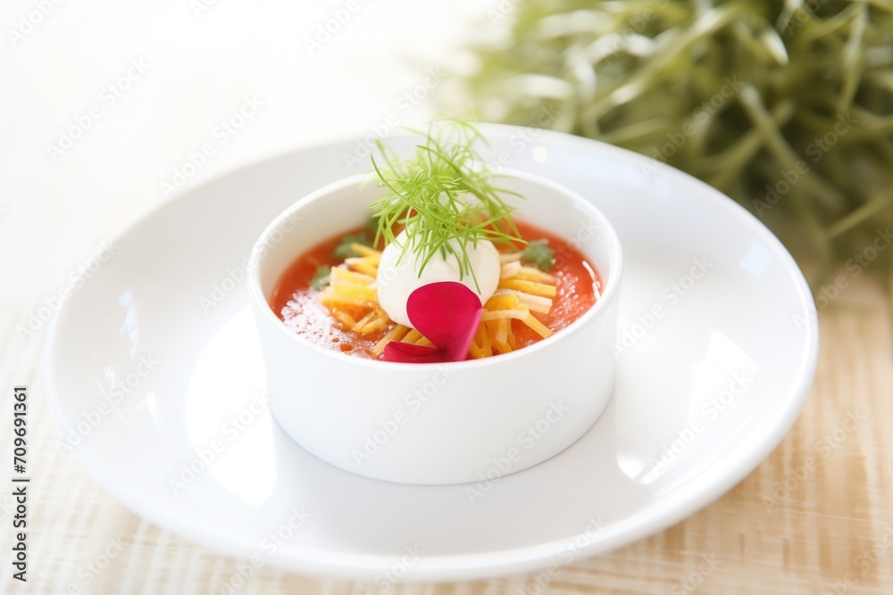 elegant plating of borscht with a dollop of creme fraiche and microgreens elegant plating of borscht with a dollop of creme fraiche and microgreens