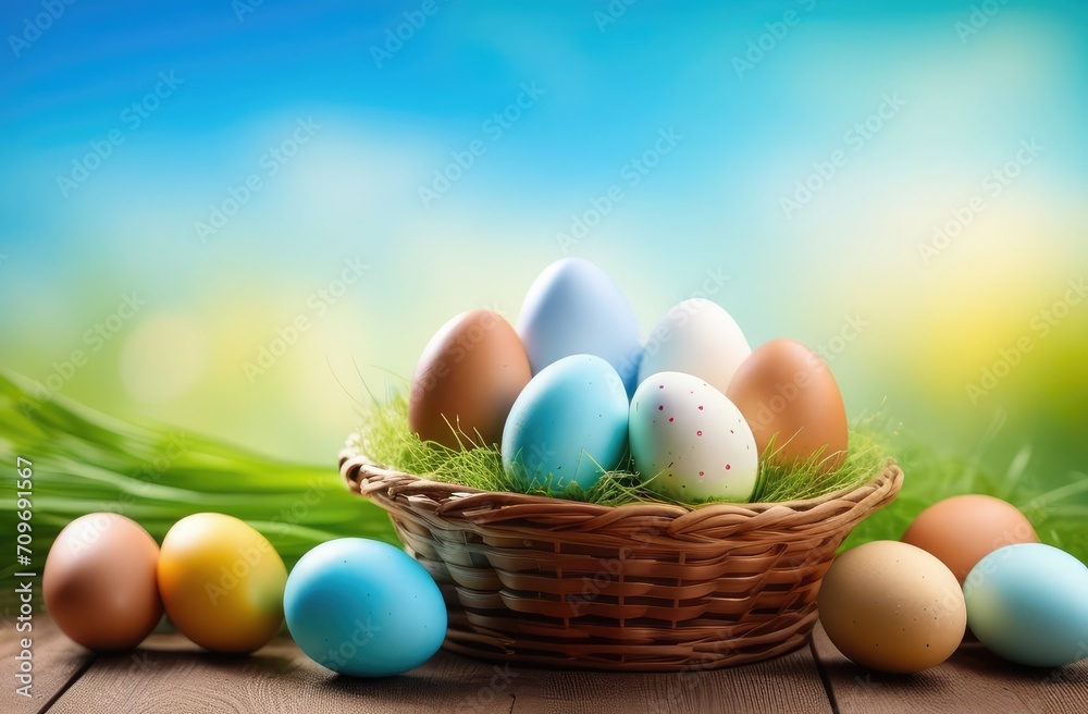 Eggs hunt. Basket with Easter eggs on the wooden table, light green grass, blue sky, blurred background. Holiday greeting card concept. Illustration watercolor style. Copy space.