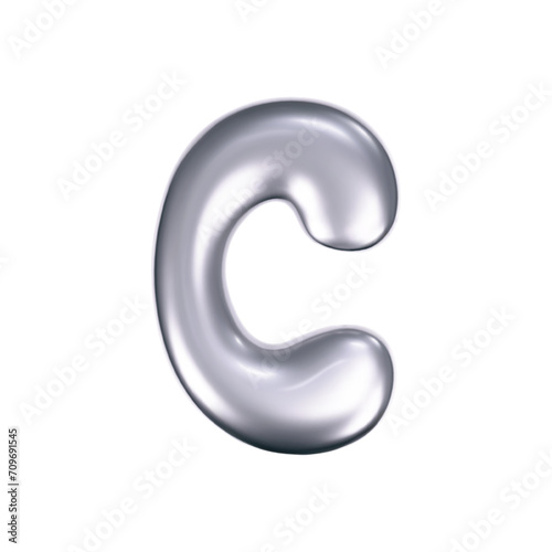 3d chrome liquid letter C in y2k style isolated. Render of 3d metal inflated bubble alphabet with glossy silver effect. 3d vector y2k typography letter