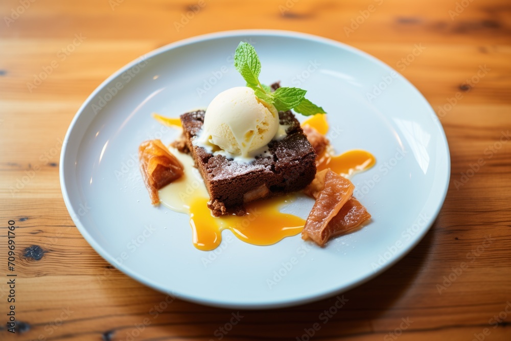 brownie bits topped with a quenelle of ice cream and syrup brownie bits topped with a quenelle of ice cream and syrup