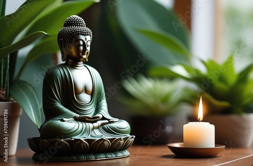 meditation and spirituality. small buddha statue near window among candles and house plants