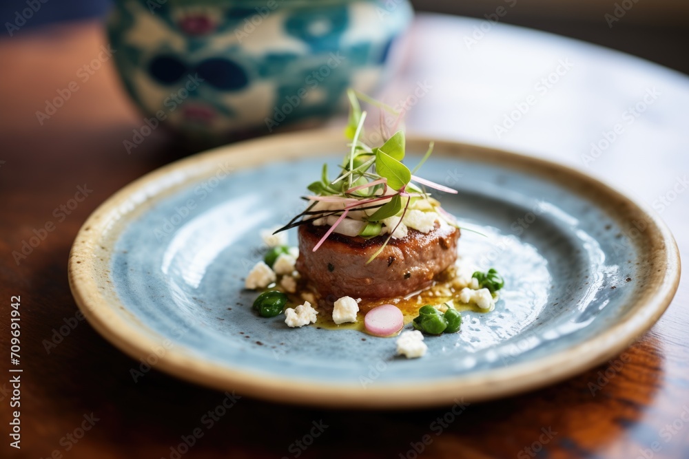 lamb burger with feta and mint on a stoneware plate lamb burger with feta and mint on a stoneware plate