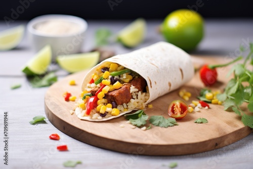 vegan bean burrito with corn and peppers on a slate slab