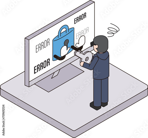不正に入手した鍵でアクセスを試みる犯罪者のアイソメイラストです。
