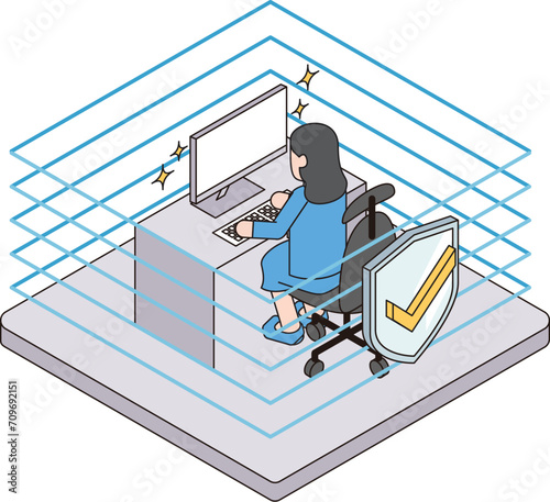 頑丈なセキュリティでウイルスの侵入を防ぐパソコンのイラスト