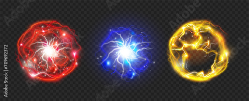 Powerful electrical discharge, energy balls magical effect design elements. Vector isolated round spheres on transparent background. Thunderbolt and burst of glowing bright electricity flash
