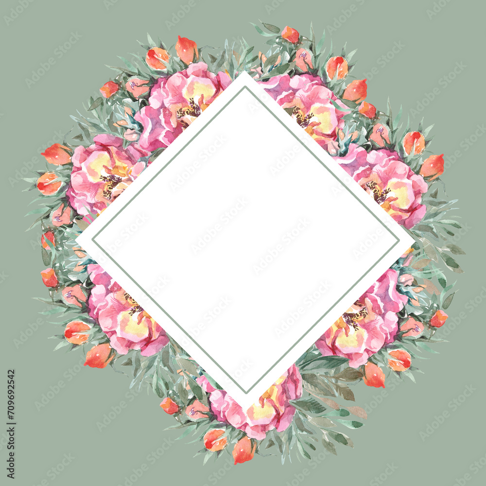 wedding congrats card with watercolor wreath delicate flowers in circle on white backdrop
