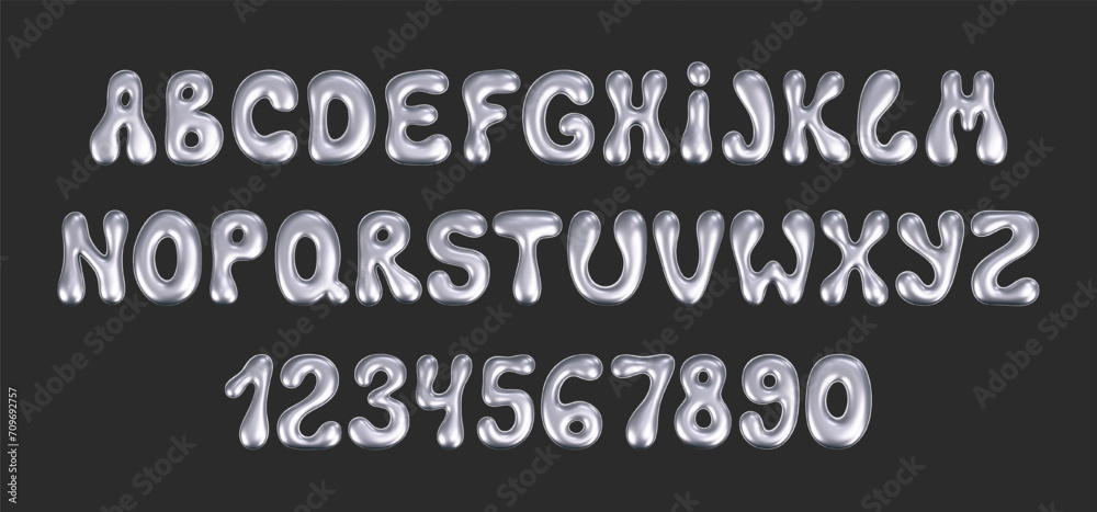 3d chrome liquid font in y2k style isolated on a dark background. Render of 3d metal inflated alphabet and numbers with glossy silver effect. 3d vector y2k typography letter.