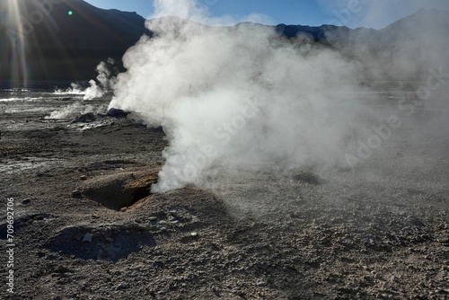 Steam rising from the ground at The Geysers Del Tatio, Antofagasta, Chile.