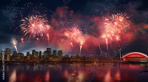  a dynamic display of Canadian-themed fireworks lighting up the night sky, capturing the essence of celebration on Canada Day 2024