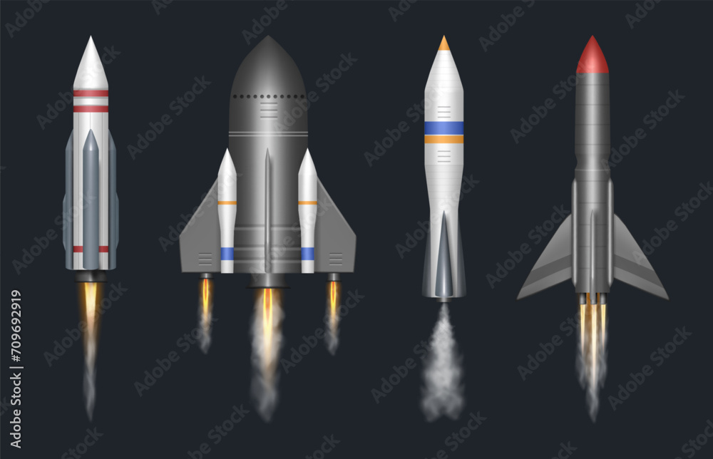 Taking off realistic rocket, isolated futurist spaceship launching with smoke and fire. Vector cosmos exploration and traveling to galaxy. Cosmonaut team on mission in flying modern spacecraft Taking off realistic rocket, isolated futurist spaceship launching with smoke and fire. Vector cosmos exploration and traveling to galaxy. Cosmonaut team on mission in flying modern spacecraft