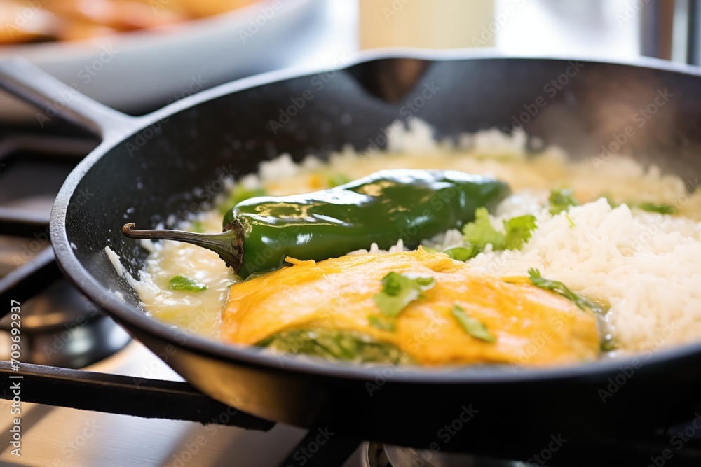 closeup of chiles rellenos in a skillet, cheese melting closeup of chiles rellenos in a skillet, cheese melting