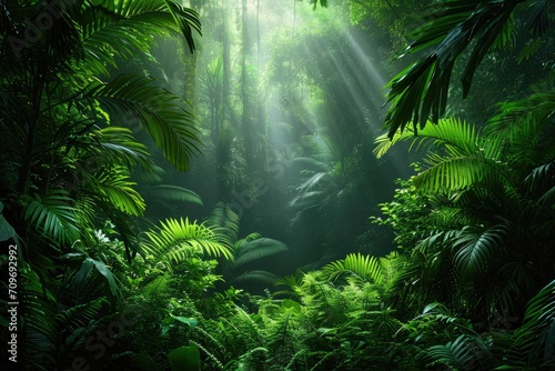 Lush greenery  a tropical jungle  a serene setting  Generative Ai.