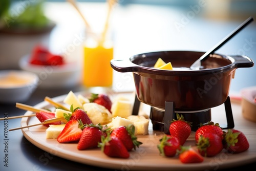 fresh strawberries dipping into dark chocolate fondue photo