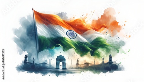 Watercolor illustration of india republic day background. photo