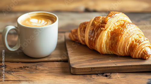 A cup of coffee with latte art beside a golden  flaky croissant on a wooden cutting board. The image captures the essence of a perfect  cozy breakfast moment. 