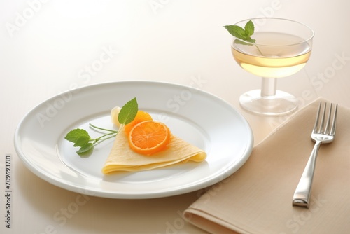 elegant plate with folded crepes and orange slice
