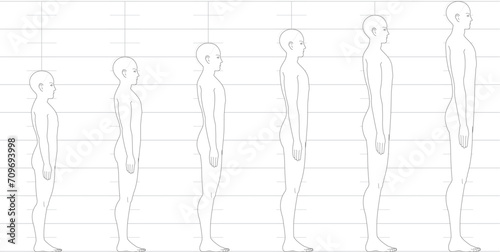 横から見た人間の身長バランス。
6.5頭身7頭身8頭身9頭身の
男性体形のイラスト