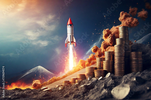 Investment fast track wealth or earning rising up graph increasing profit financial concept, Shortcut Exponential growth or compound interest with rocket launch icon