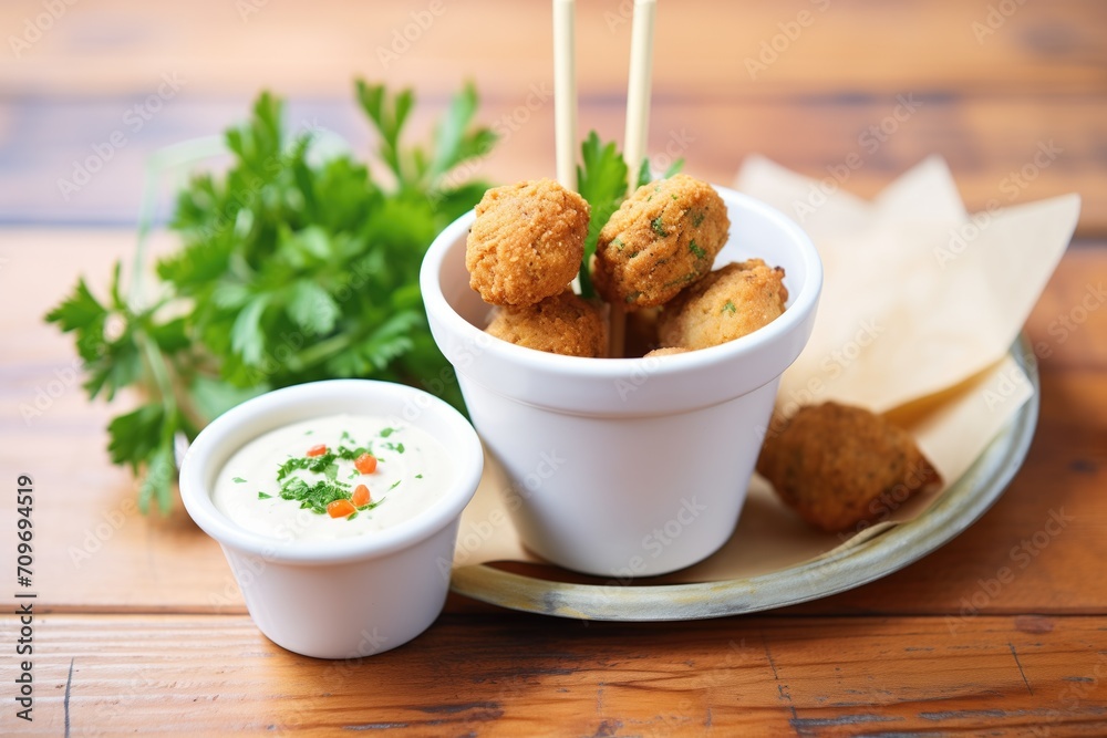 fresh falafel balls beside a tahini dip cup fresh falafel balls beside a tahini dip cup