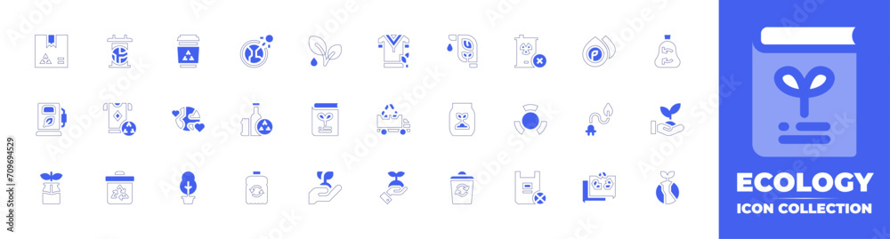 Ecology icon set. Duotone style line stroke and bold. Vector illustration. Containing plastic bag, recycling, recycle, gas station, biofuel, fertilizer, recycling bin, recyclable, planet, plant, water