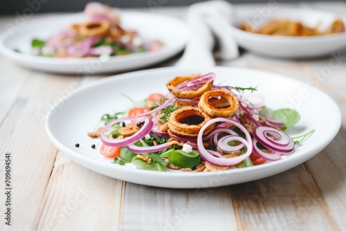 farro salad with red onion rings and balsamic glaze
