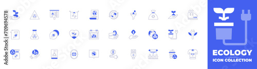 Ecology icon set. Duotone style line stroke and bold. Vector illustration. Containing reuse, hand, energy, sprout, biofuel, drug, filter, tree, saving, garbage bag, nuclear, lightbulb, recycling.