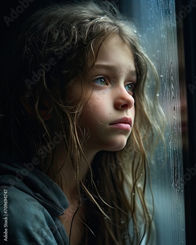 Contemplative Young Girl Gazing Through Rainy Window