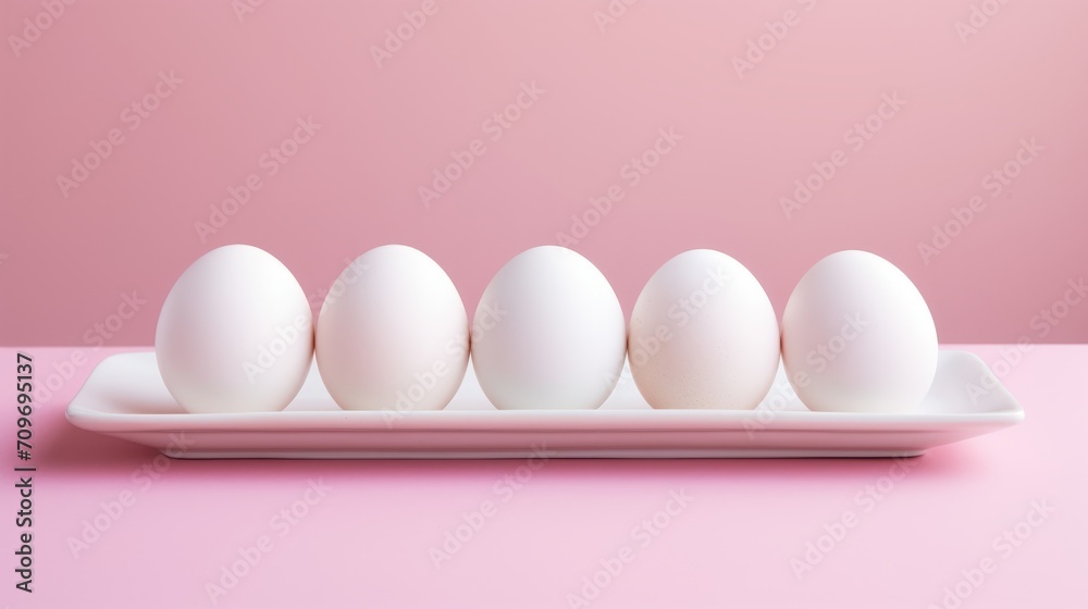 Fototapeta premium White eggs in a tray on pink background