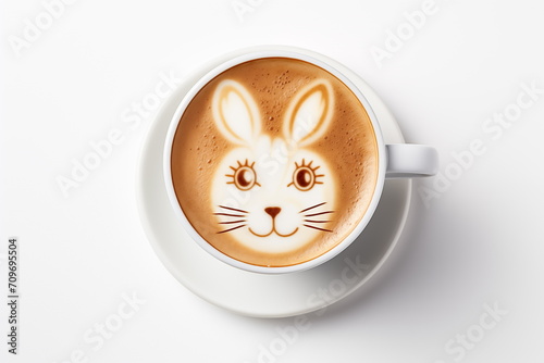 Close up shot of hot latte coffee with rabbit latte art in a ceramic white cup  isolated on white background  Generated AI