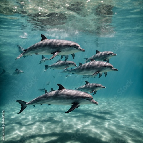 bottlenose dolphins sailing gracefully through crystal clear tropical waters.