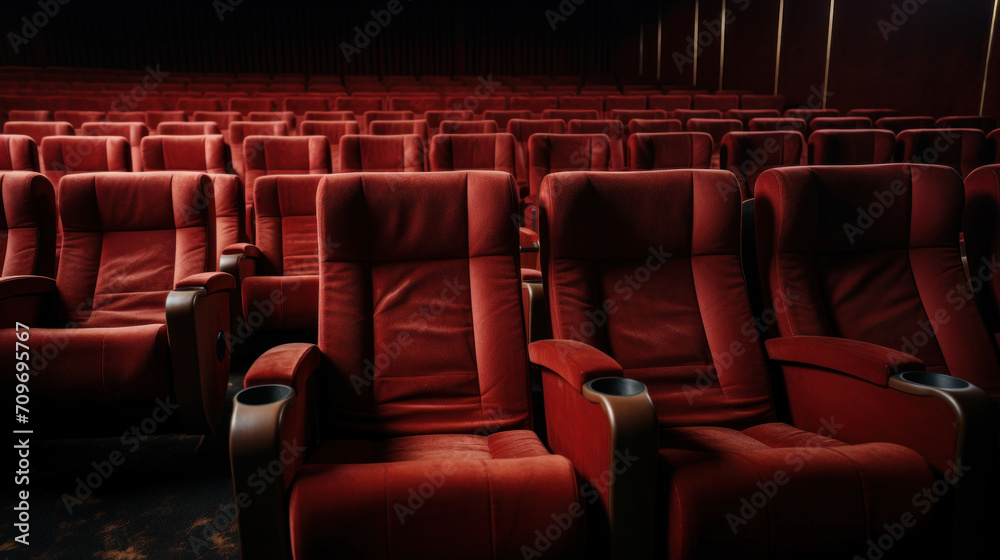 Obraz premium Empty plush red seats in a cinema theater, waiting for an audience to fill the space.