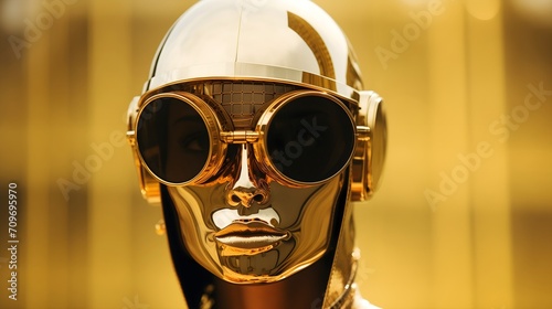 Portrait of a woman wearing golden metallic mask.