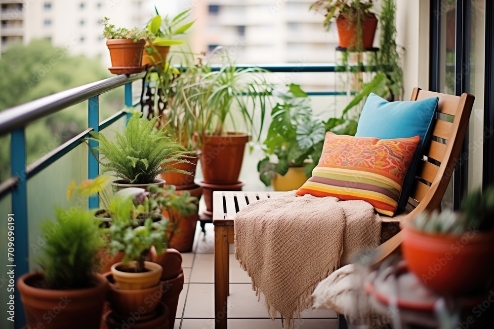 tranquil balcony with potted plants and comfortable outdoor furniture