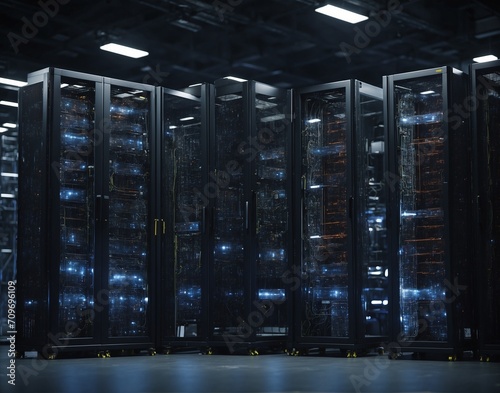 Modern Data Technology Center Server Racks in Dark Room with VFX. Visualization Concept of Internet of Things, Data Flow, Digitalization of Internet Traffic.