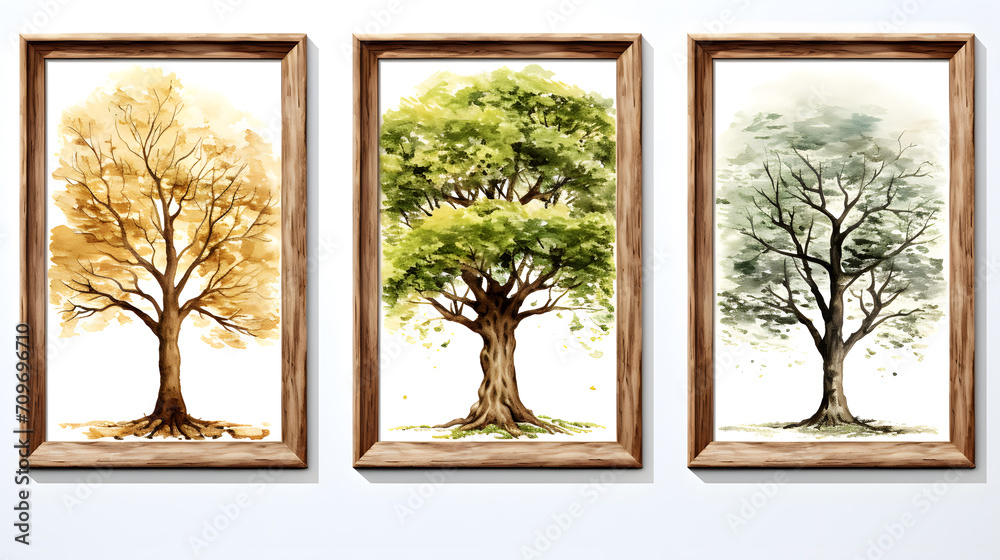 Three vertical of illustration watercolor style image frame sequence that show tree. Three different trees.