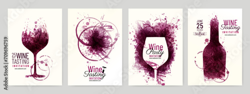 Collection of templates with wine designs. Illustration with background wine stains, glass, bottle.