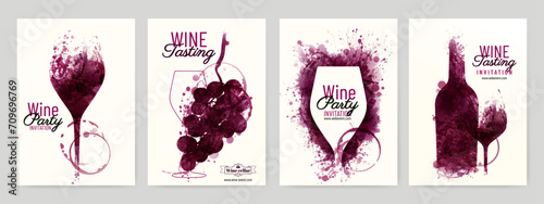 Collection of templates with wine designs. Illustration with background wine stains, glass, bottle, grapes.
