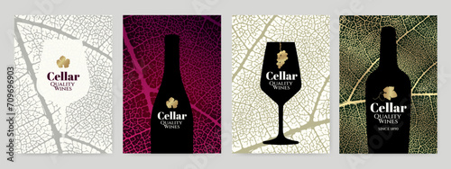 Set of wine designs with vine leaf background texture and wine symbols. Silhouettes of wine glass, bottle. Vector elegant background. photo